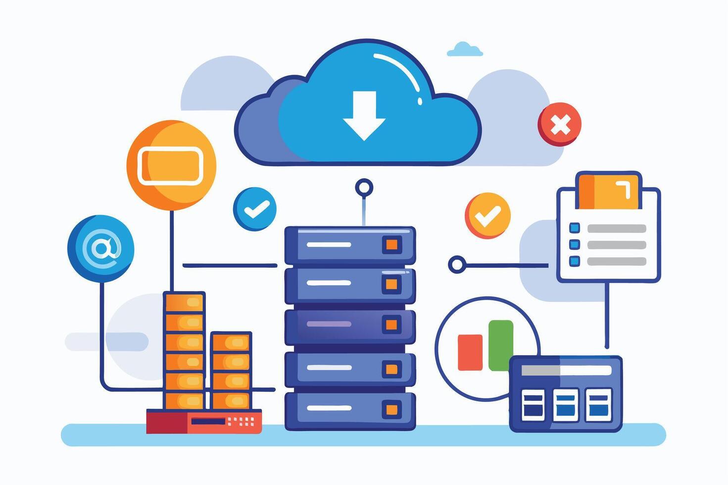 illustration depicting a cloud based server management system with multiple features and options for data storage access and security free vector